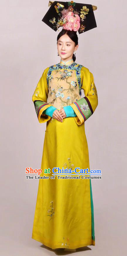 Traditional Chinese Ancient Qing Dynasty Imperial Empress Costume and Headwear Complete Set, Above The Clouds Chinese Mandarin Robes Senior Concubine Embroidered Clothing for Women