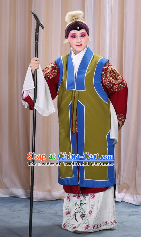 Traditional Chinese Beijing Opera Old Female Green Vest and Robes Complete Set, China Peking Opera Pantaloon Costume Embroidered Clothing Opera Costumes