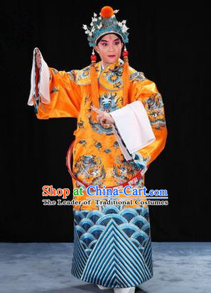 Traditional Chinese Beijing Opera Male Bright Yellow Clothing and Belts Complete Set, China Peking Opera His Royal Highness Costume Embroidered Robe Opera Costumes