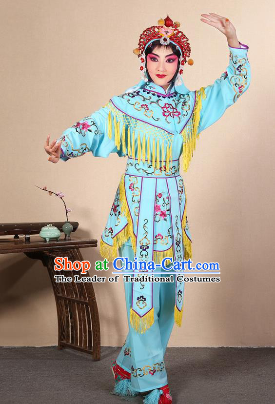 Traditional Chinese Beijing Opera Shaoxing Opera Magic Warriors Light Blue Clothing and Shoes Complete Set, China Peking Opera Women Pawn Dress Costume Embroidered Opera Costumes