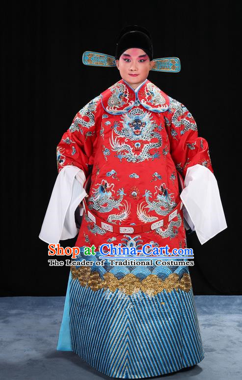 Traditional Chinese Beijing Opera Male Red Clothing and Belts Complete Set, China Peking Opera His Royal Highness Costume Embroidered Robe Dragon robe Opera Costumes