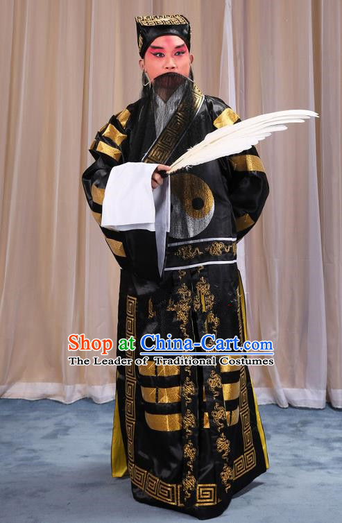 Traditional Chinese Beijing Opera Black Eight Diagrams Clothing and Boots Feather Fan Complete Set, China Peking Opera Zhuge Liang Costume Embroidered Military Counsellor Robe Opera Costumes