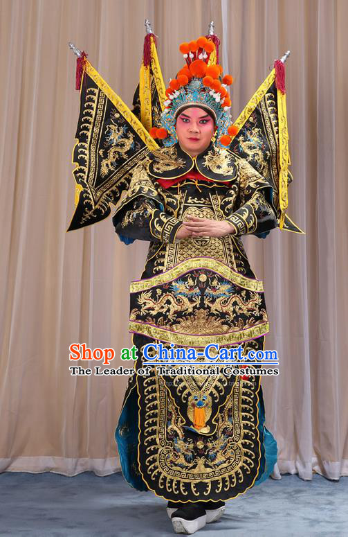 Traditional Chinese Beijing Opera Military Officer Armour Black Clothing and Boots Complete Set, China Peking Opera Martial General Role Costume Embroidered Opera Costumes