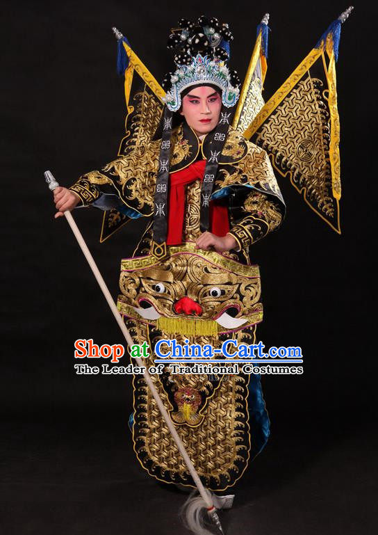 Traditional Chinese Beijing Opera Military Officer Armour Black Clothing and Boots Complete Set, China Peking Opera Martial General Role Costume Embroidered Opera Tiger Head Costumes