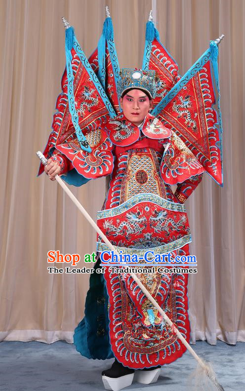 Traditional Chinese Beijing Opera Takefu Green Armour Red Clothing and Boots Complete Set, China Peking Opera Martial General Role Costume Embroidered Opera Costumes