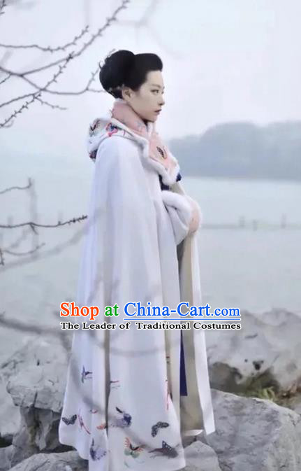 Traditional Chinese Ancient Song Dynasty Noble Lady Costumes, China Princess Hanfu Embroidered Butterfly White Cloak Mantle for Women