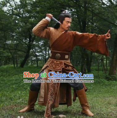 Traditional Chinese Ancient Valiant Swordsman Costume and Headpiece Complete Set, Fighter of the Destiny Tang Dynasty Killer Clothing for Men