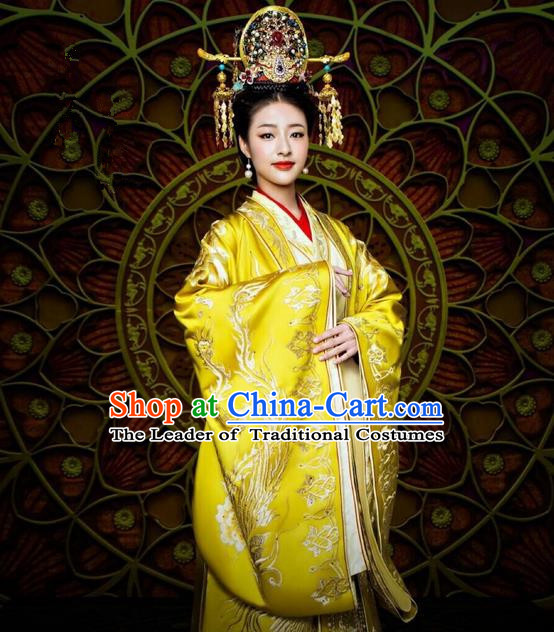 Traditional Ancient Chinese Imperial Empress Costume and Handmade Headpiece Complete Set, Elegant Hanfu Chinese Southern and Northern Dynasty Imperial Women Embroidered Trailing Clothing