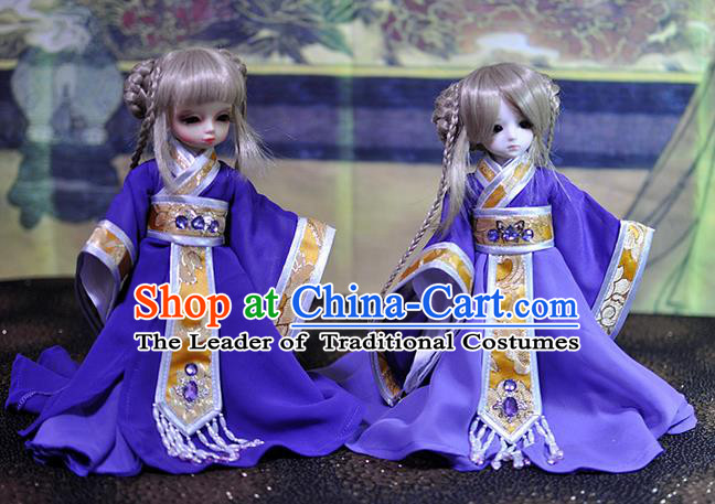 Top Grade Traditional China Ancient Female Costumes Complete Set, China Ancient Cosplay Tang Dynasty Princess Purple Dress Hanfu Clothing for Adults and Kids