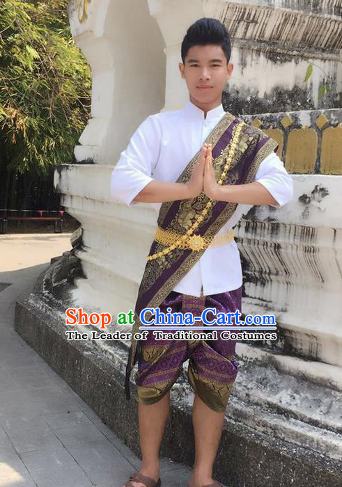 Traditional Thailand Ancient Handmade Male Costumes, Traditional Thai Uniform China Dai Nationality Purple Clothing for Men