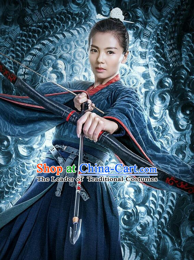 Traditional Ancient Chinese Three Kingdoms Period Female Swordsman Costume, The Advisors Alliance Chivalrous Women Clothing and Headpiece Complete Set