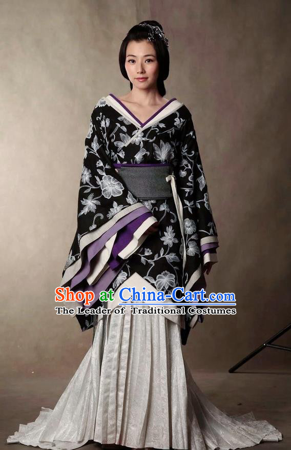 Traditional Ancient Chinese Imperial Noblewoman Costume and Headpiece Complete Set, Elegant Hanfu Clothing Chinese Han Dynasty Dowager Embroidered Dress Clothing