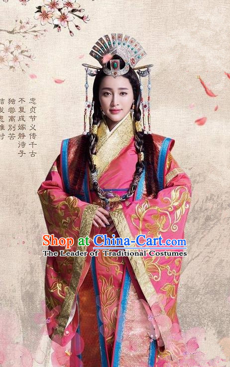 Traditional Ancient Chinese Imperial Princess Costume and Headpiece Complete Set, Chinese Chong Er Preach Chunqiu Period Dynasty Imperial Concubine Embroidered Hanfu Clothing