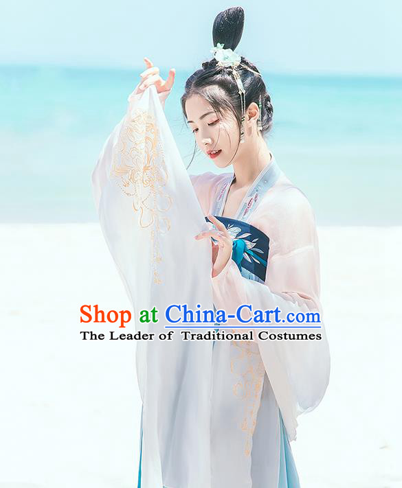 Traditional Chinese Tang Dynasty Palace Princess Embroidered Hanfu White Wide Wearing Silks for Women