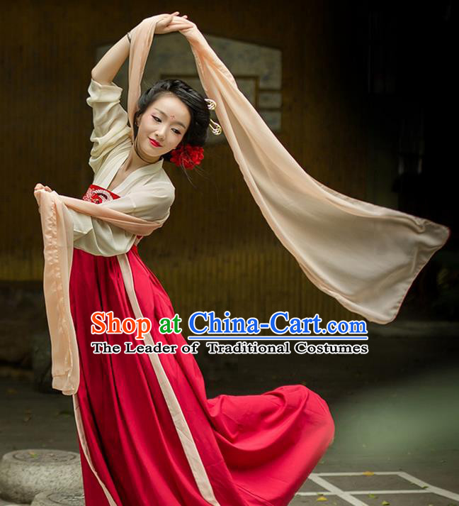 Traditional Chinese Tang Dynasty Palace Princess Dusty Pink Long Ribbons Wearing Silks for Women