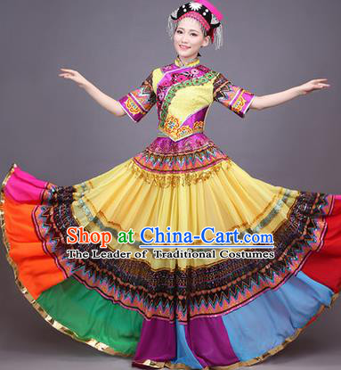 Traditional Chinese Yi Nationality Dance Costume, Yizu Female Folk Dance Ethnic Pleated Skirt, Chinese Yi Minority Nationality Embroidery Dress for Women