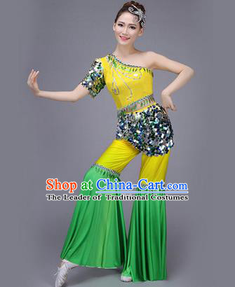 Traditional Chinese Dai Nationality Peacock Dance Costume, Folk Dance Ethnic Pavane Clothing, Chinese Minority Nationality Dance Dress Green Suit for Women