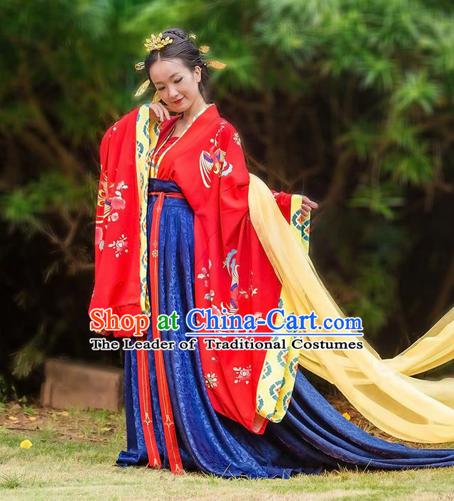 Traditional Chinese Tang Dynasty Palace Empress Wedding Costume Complete Set, Elegant Hanfu Clothing Bride Embroidered Dress, Chinese Ancient Imperial Consort Clothing for Women