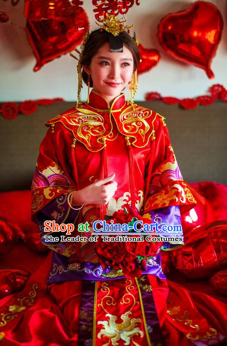 Traditional Chinese Wedding Costume Xiuhe Suits Wedding Bride Red Suit, Ancient Chinese Toast Dress Hand Embroidered Clothing Longfeng Flown for Women