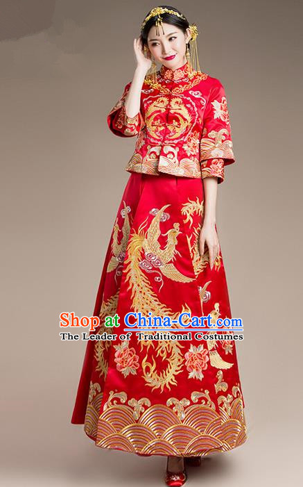 Traditional Chinese Wedding Costume and Headpiece Complete Set, Traditional Xiuhe Suits Wedding Bride Dress, Ancient Chinese Toast Dress Embroidered Peony Dragon and Phoenix Clothing for Women