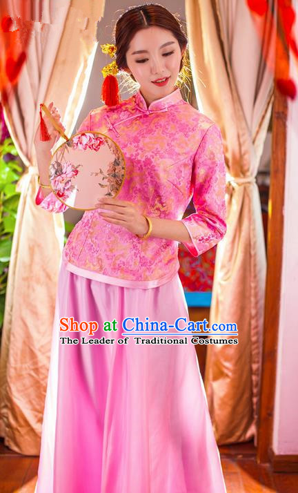 Traditional Chinese Wedding Costume Xiuhe Wedding Clothing, Ancient Chinese Bridesmaid Embroidered Pink Cheongsam Dress for Women