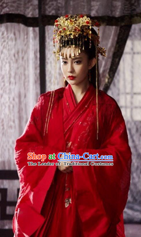 Traditional Ancient Chinese Wedding Bride Costume and Headwear Complete Set, The Legend of the Condor Heroes Chinese Song Dynasty Princess Hanfu Dress Clothing for Women