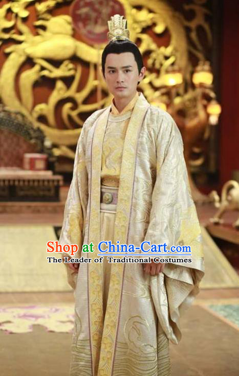 Traditional Ancient Chinese Imperial Emperor Costume and Headwear Complete Set, Elegant Chinese Tang Dynasty King Embroidered Dragon Robe for Men