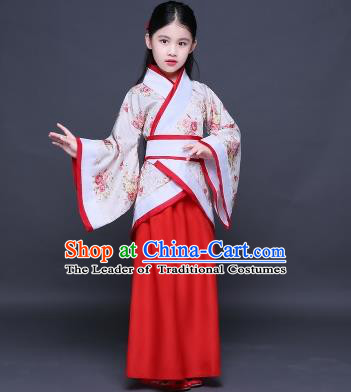 Traditional Ancient Chinese Imperial Princess Costume, Children Elegant Hanfu Clothing Chinese Han Dynasty Red Curve Bottom Dress Clothing for Kids