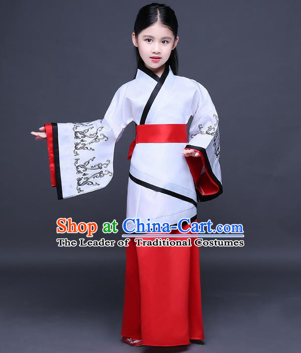 Traditional Ancient Chinese Imperial Princess Fairy Printing Costume, Children Elegant Hanfu Clothing Han Dynasty Red Curve Bottom Dress Clothing for Kids