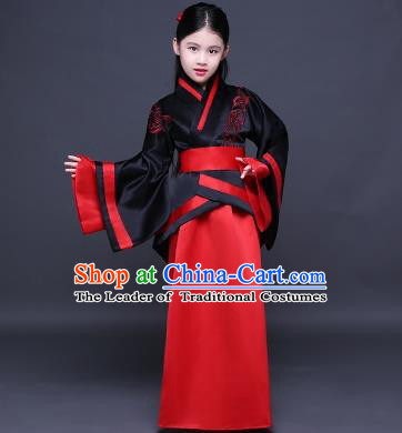 Traditional Ancient Chinese Imperial Princess Fairy Embroidery Costume, Children Elegant Hanfu Clothing Han Dynasty Black Curve Bottom Dress Clothing for Kids