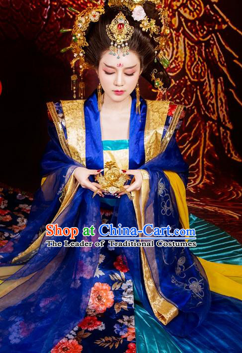 Traditional Asian Chinese Ancient Imperial Consort Costume, China Elegant Hanfu Clothing Tang Dynasty Imperial Concubine Embroidered Tailing Dress Clothing for Women