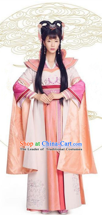 Asian Chinese Northern and Southern Dynasty Palace Lady Costume and Headpiece Complete Set, China Ancient Elegant Hanfu Clothing Princess Embroidered Dress