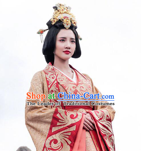 Asian Chinese Traditional Three Kingdoms Bride Wedding Costume and Headpiece Complete Set, The Advisors Alliance China Elegant Hanfu Princess Embroidery Bottom Drawer Dress