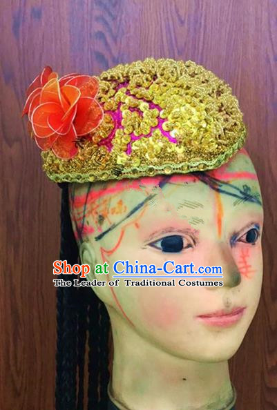 Traditional Chinese Uyghur Nationality Dance Red Hat, Folk Dance Ethnic Chinese Minority Nationality Uigurian Dance Headwear for Women