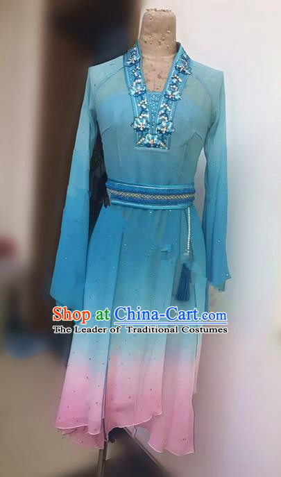 Traditional Ancient Chinese National Folk Yanko Dance Uniform, Elegant Hanfu China Classical Dance Dress Blue Clothing for Women