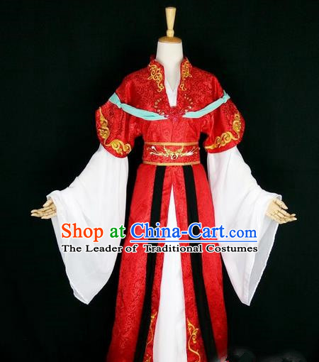 Asian Chinese Traditional Cospaly Tang Dynasty Bride Wedding Costume, China Elegant Hanfu Fairy Red Dress Clothing for Women