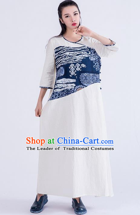 Traditional Chinese Costume Elegant Hanfu Printing Dress, China Tang Suit Linen Qipao Dress Clothing for Women