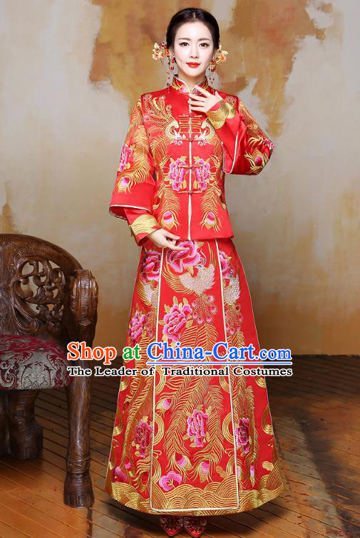 Traditional Ancient Chinese Wedding Costume Handmade XiuHe Suits Embroidery Phoenix Longfeng Gown Bride Toast Plated Buttons Cheongsam, Chinese Style Hanfu Wedding Clothing for Women
