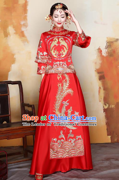 Traditional Ancient Chinese Wedding Costume Handmade XiuHe Suits Embroidery Xi Clothing Bride Toast Plated Buttons Cheongsam, Chinese Style Hanfu Wedding Clothing for Women