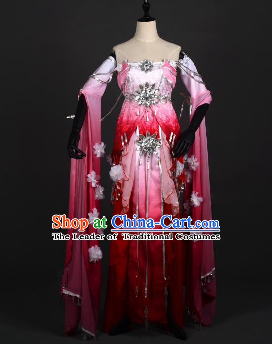 Chinese Ancient Cosplay Han Dynasty Young Lady Water Sleeve Costumes, Chinese Traditional Wine Red Dress Clothing Chinese Cosplay Swordsman Costume for Women