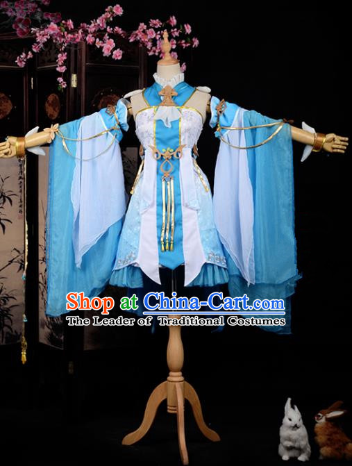 Chinese Ancient Cosplay Han Dynasty Young Lady Costumes, Chinese Traditional Blue Clothing Chinese Cosplay Swordsman Costume for Women