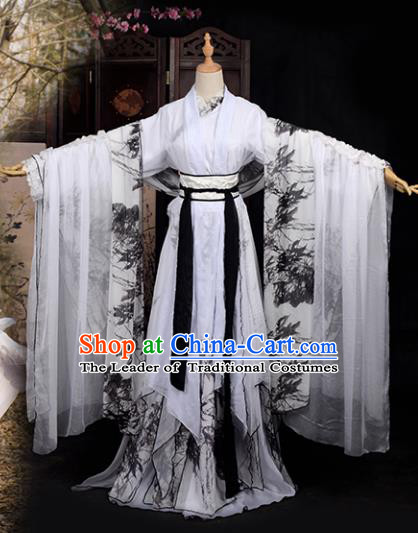 Chinese Ancient Cosplay Tang Dynasty Palace Lady Costumes, Chinese Traditional Printing Bamboo Hanfu Dress Clothing Chinese Cosplay Imperial Princess Costume for Women