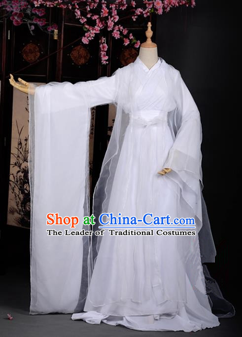 Chinese Ancient Cosplay Tang Dynasty Little Dragon Maiden White Dress, Chinese Traditional Hanfu Clothing Chinese Princess Fairy Costume for Women