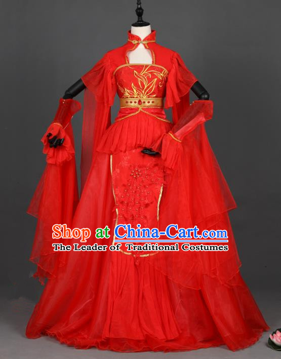 Chinese Ancient Cosplay Tang Dynasty Bride Wedding Red Dress, Chinese Traditional Hanfu Clothing Chinese Princess Fairy Costume for Women