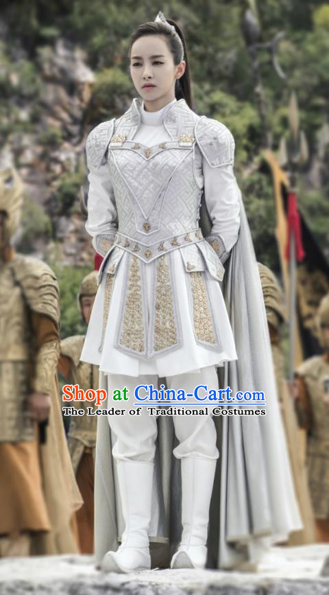 Traditional Chinese Southern and Northern Dynasties Female General Costume and Headpiece Complete Set, A Life Time Love Chinese Ancient Swordswoman Hanfu Armour Clothing