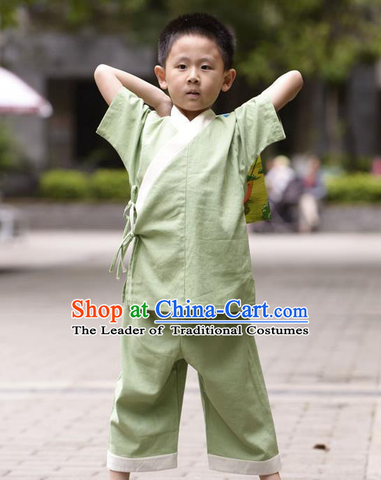 Traditional Chinese Han Dynasty Children Hanfu Kungfu Costume, China Ancient Martial Arts Green Clothing for Kids