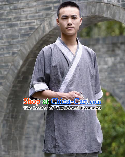 Traditional Chinese Han Dynasty Nobility Childe Hanfu Costume Slant Opening Deep Grey Shirt, China Ancient Martial Arts Upper Garment Clothing for Men