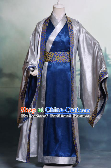 Traditional Chinese Tang Dynasty Nobility Childe Hanfu Costume Silk Long Robe, China Ancient Scholar Clothing Complete Set for Men