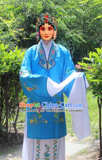 Traditional China Beijing Opera Young Lady Hua Tan Costume Embroidered Water Sleeve Blue Cape, Ancient Chinese Peking Opera Female Diva Embroidery Dress Clothing