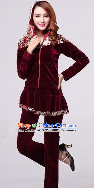 Traditional Chinese Classical Dance Yangge Fan Dance Wine Red Pleuche Costume, Folk Dance Drum Dance Clothing Yangko Uniform for Women